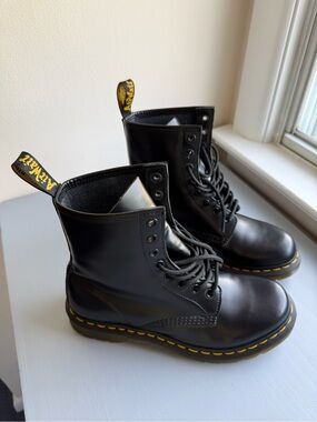 Dr. Martens 1460 Black Leather Lace-Up Boots with Yellow Stitching size 9